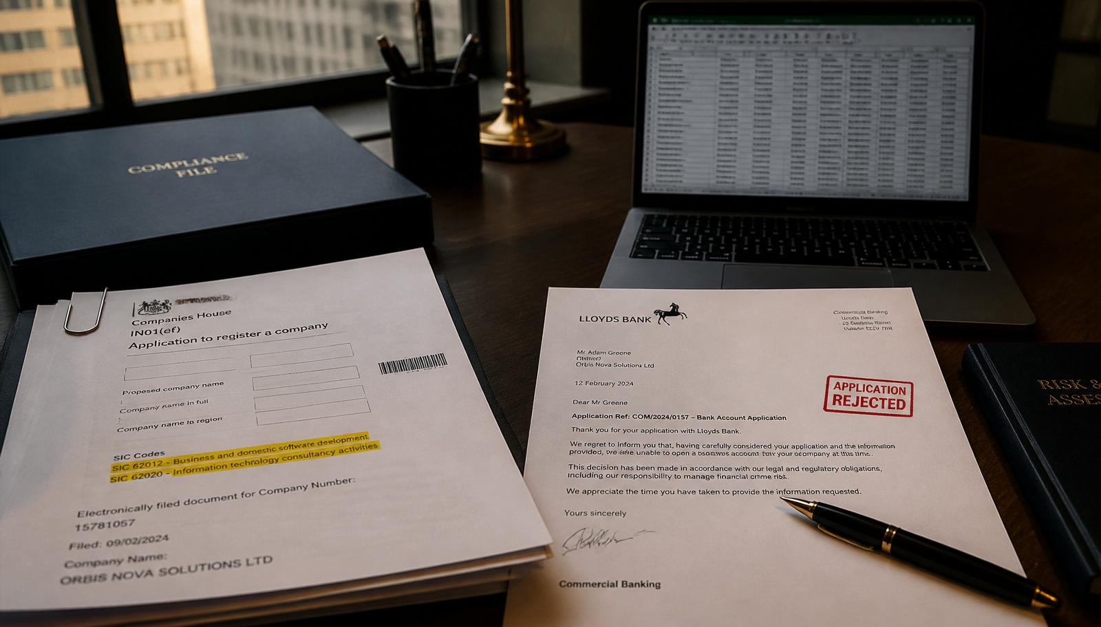 A rejected UK bank letter beside a Companies House compliance file and highlighted SIC codes on a London advisor's desk