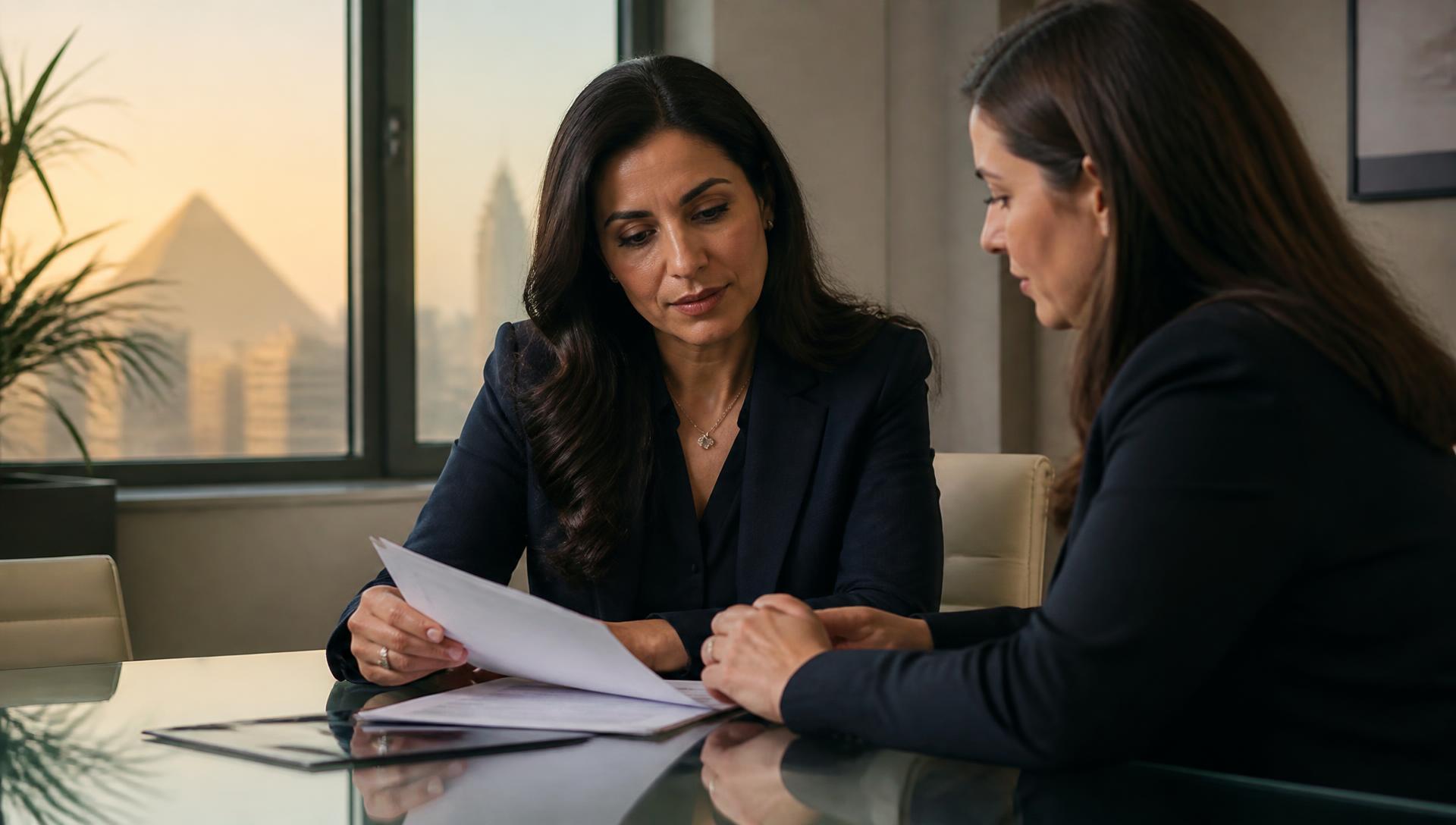 Two advisors reviewing UK company banking documents together, with Cairo's skyline and the Pyramids visible through the window Two advisors reviewing UK company banking documents together, with Cairo's skyline and the Pyramids visible through the window