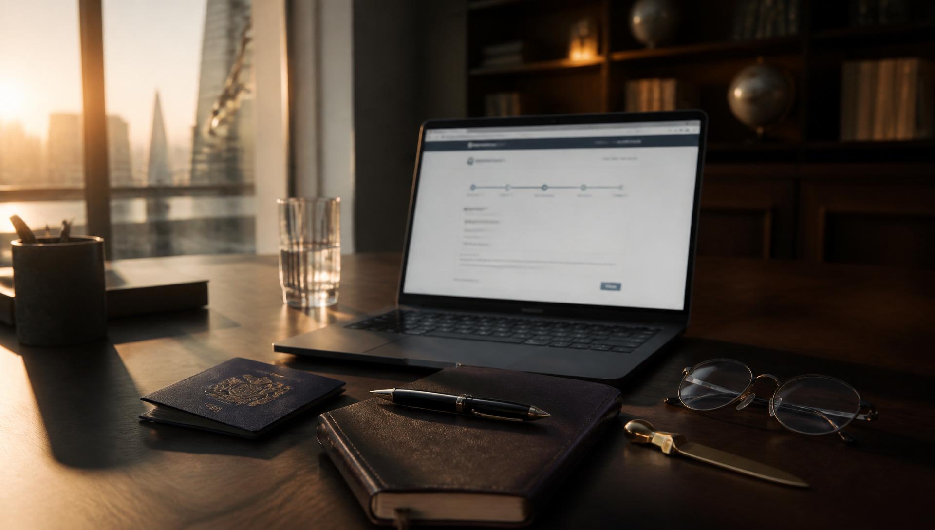 Advisor's walnut desk in a London office at golden hour with a MacBook showing a Companies House identity verification interface, a biometric passport, a fountain pen and a leather notebook