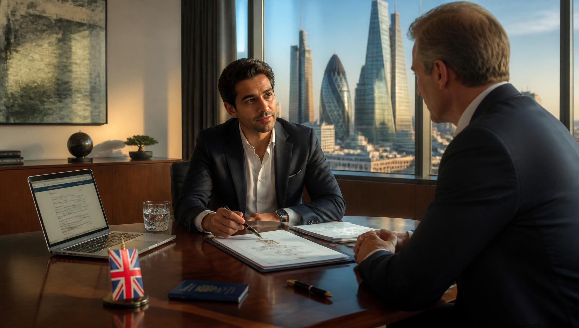 Non-resident entrepreneur reviewing UK Limited Company incorporation documents with a senior advisor in a London executive office overlooking the City skyline