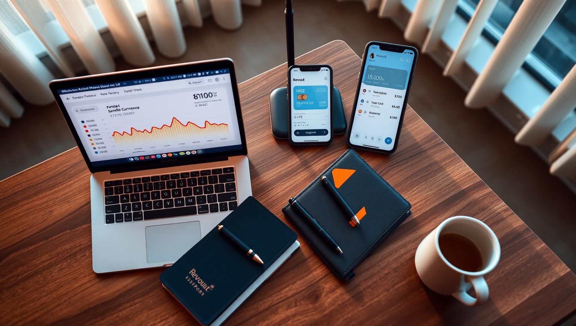 Multi-currency dashboard on a MacBook, two smartphones showing a Wise transfer confirmation and a Revolut-style card interface, a matte black debit card, a Montblanc pen on a leather notebook and a closed navy passport on a walnut desk in a London office at golden hour