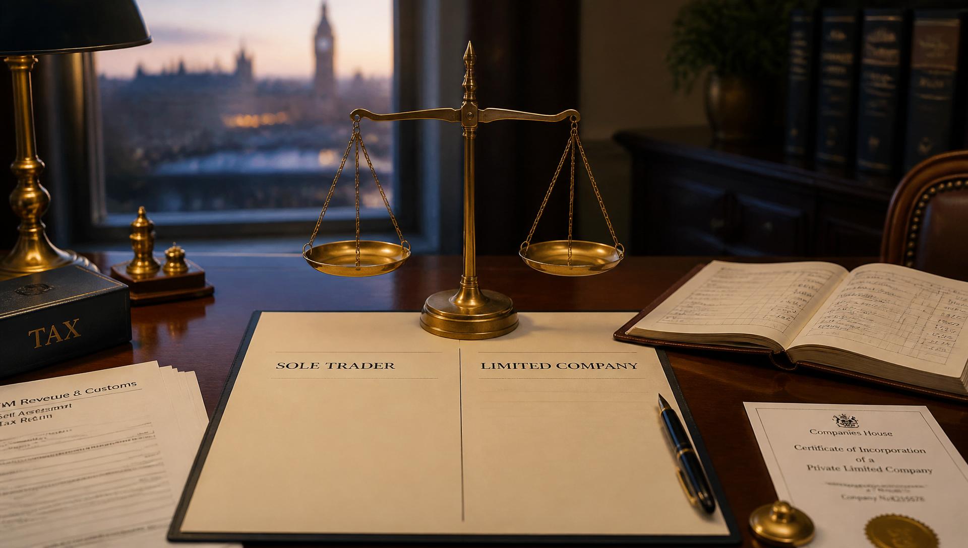 Editorial photograph of a walnut desk in a London office at golden hour with a brass balance scale weighing HMRC self-assessment forms against a Companies House incorporation certificate — sole trader versus Limited Company