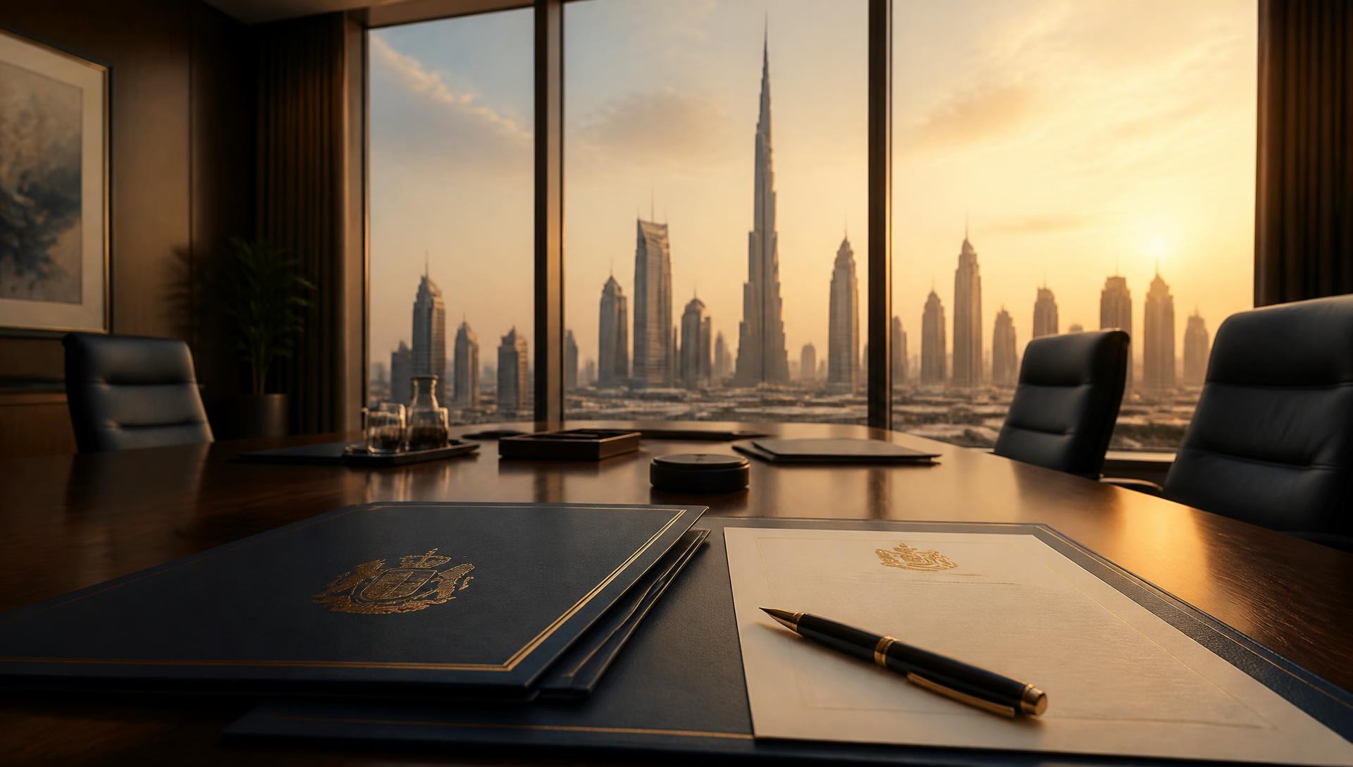 UK company formation for UAE residents — incorporation documents on a boardroom table with the Dubai skyline at golden hour UK company formation for UAE residents — incorporation documents on a boardroom table with the Dubai skyline at golden hour
