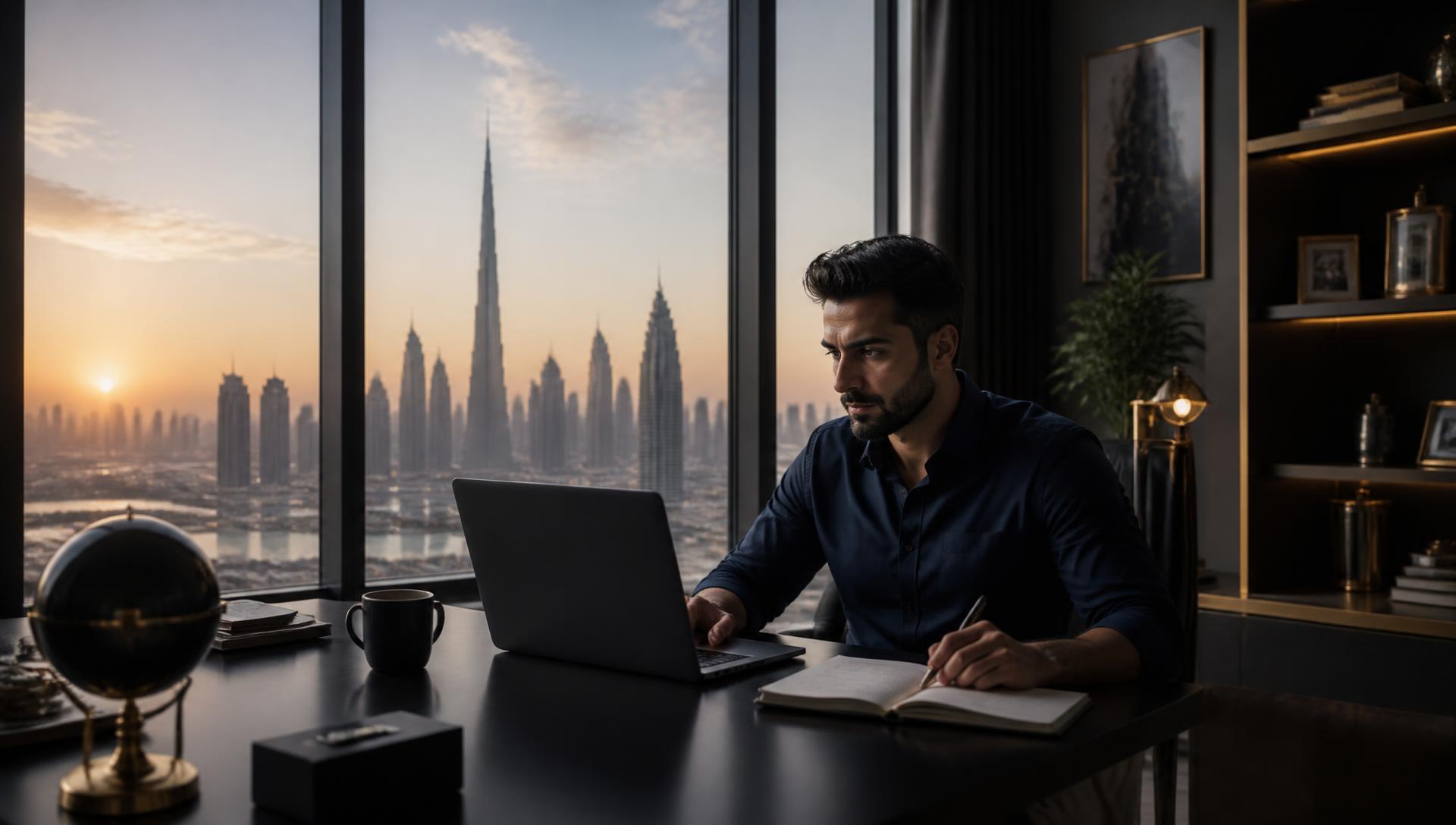 A UAE-based director reviewing UK Companies House filings and a compliance calendar on a laptop against a Dubai skyline A UAE-based director reviewing UK Companies House filings and a compliance calendar on a laptop against a Dubai skyline