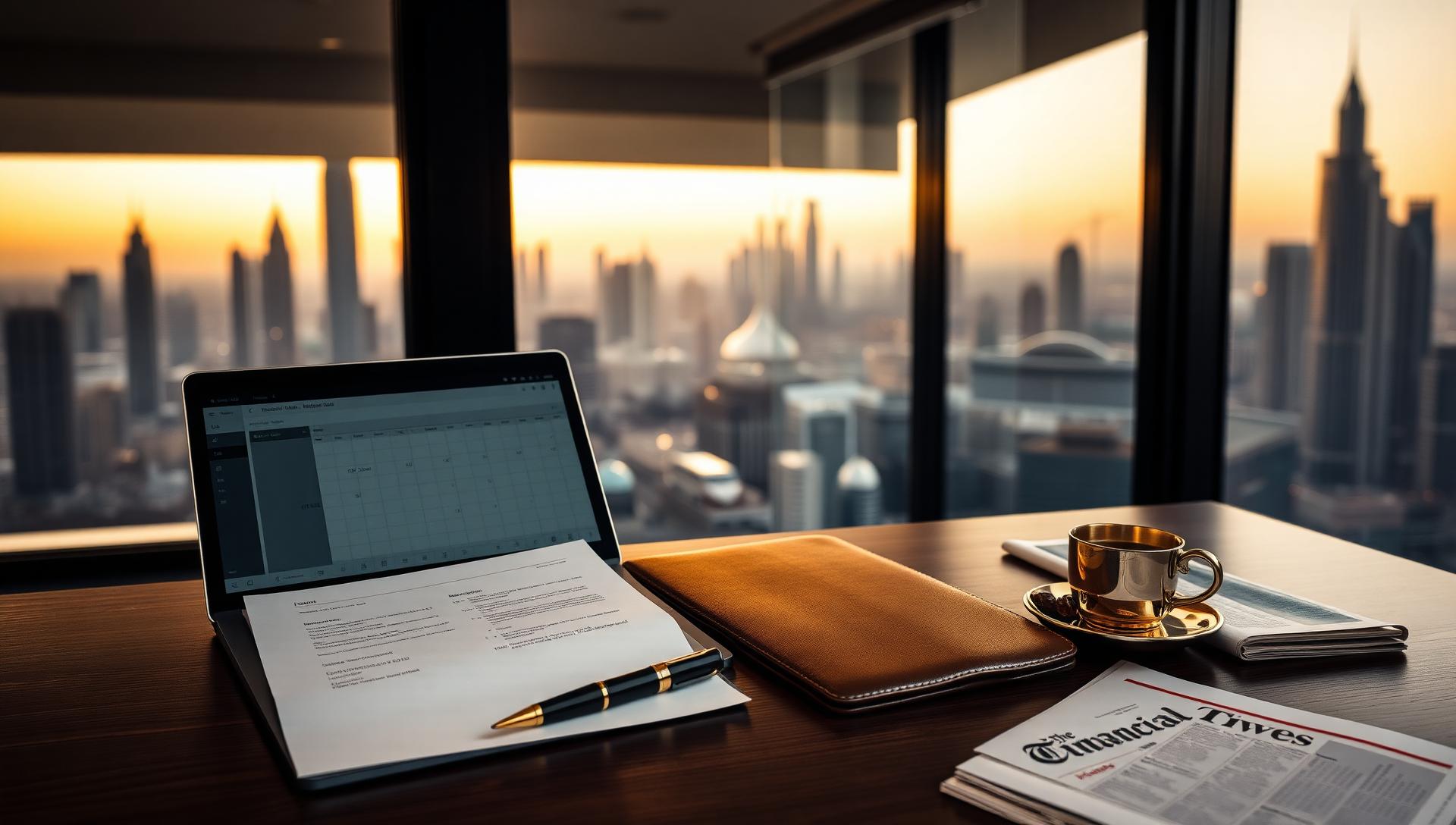 Golden-hour view over a Gulf skyline through floor-to-ceiling glass: a walnut desk with a MacBook showing a GBP spreadsheet, a UK Companies House letter, a fountain pen on a leather portfolio, a folded Financial Times and a small gold-rimmed cup of Arabic cardamom coffee — the working desk of a founder running a UK Limited Company from Dubai.