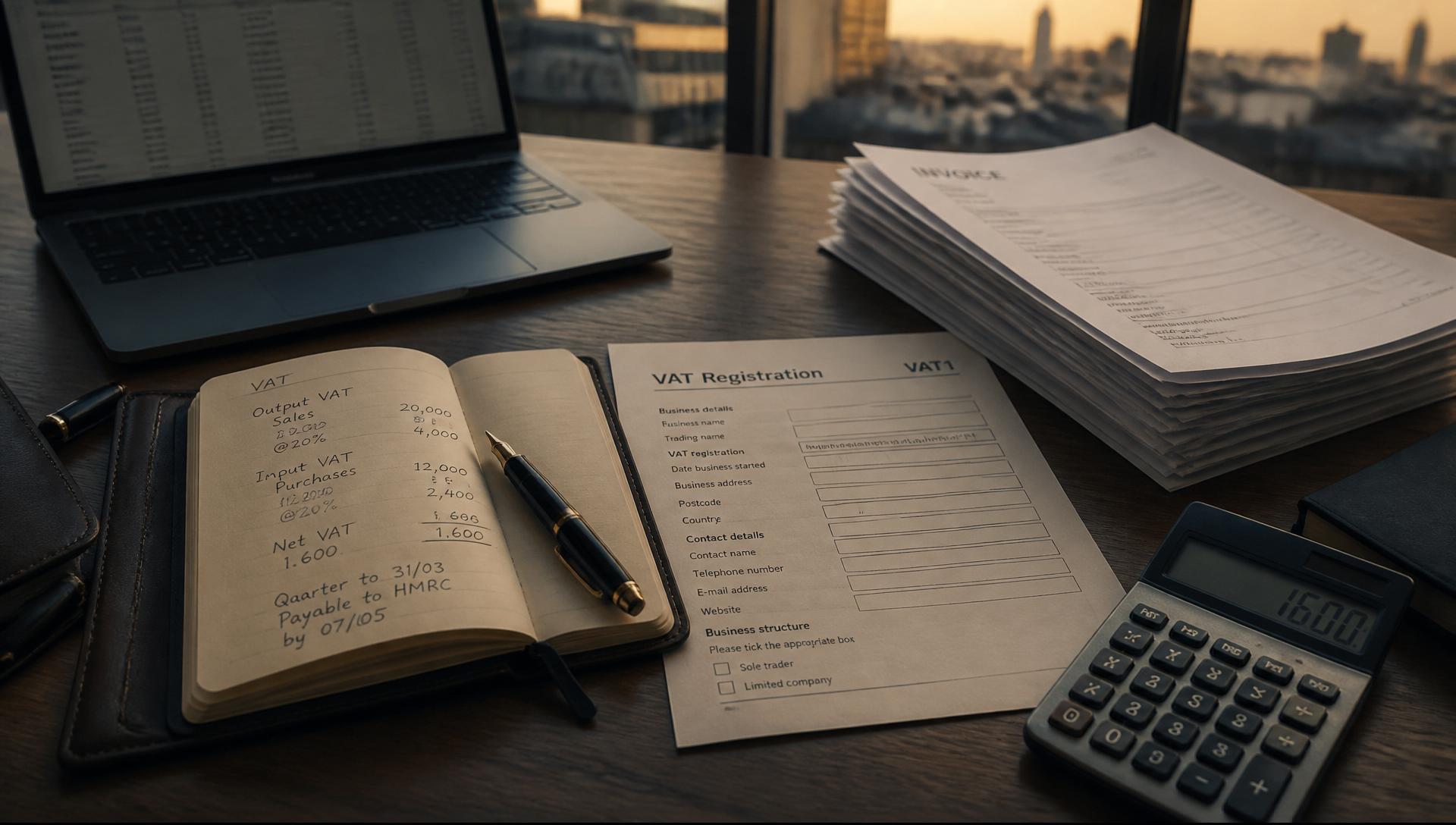 A leather notebook with handwritten VAT output and input calculations, a VAT registration form, fountain pen, calculator and invoices on a walnut desk in a London office at golden hour