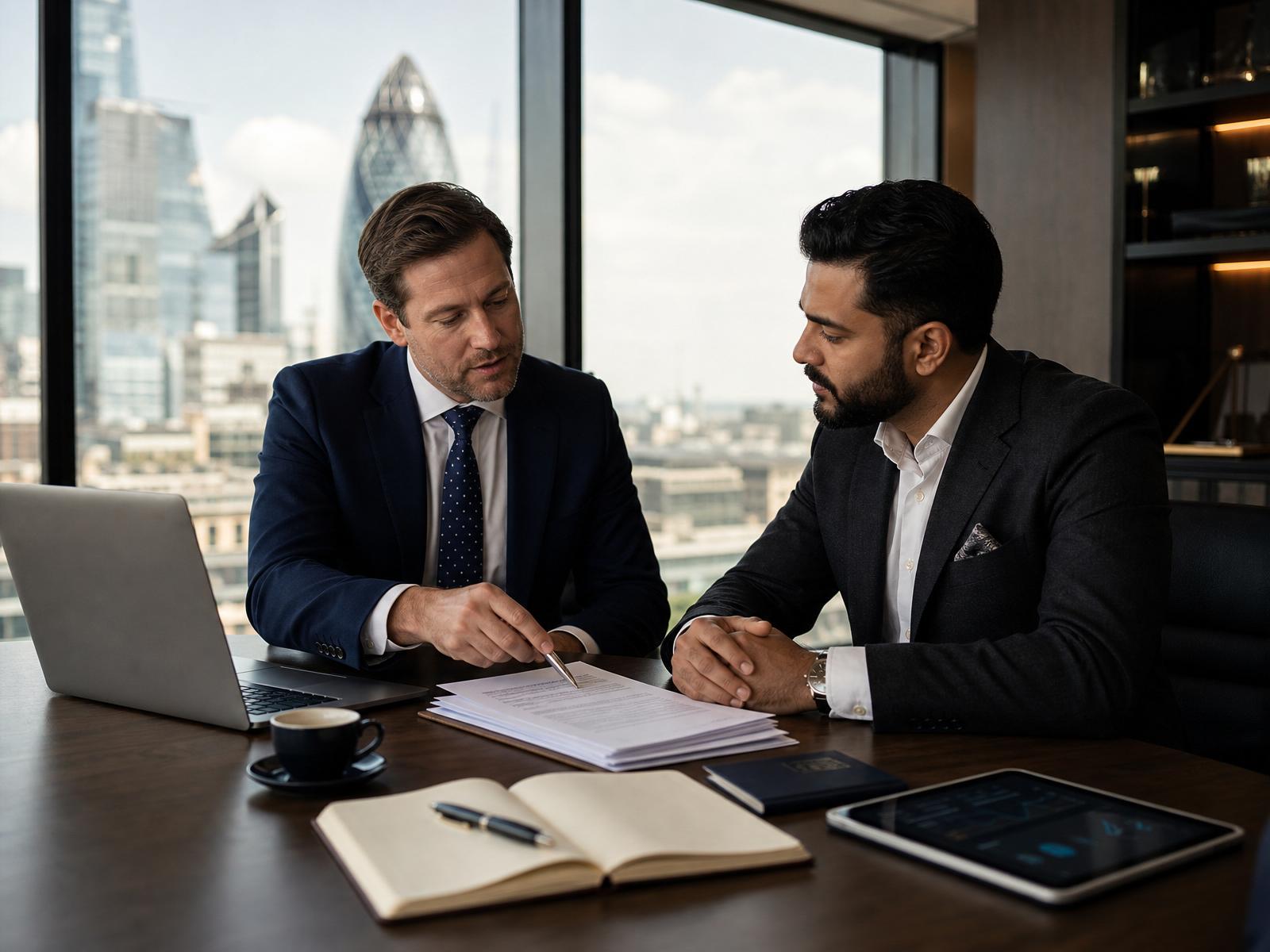 A senior UK company formation advisor reviewing incorporation documents with an international entrepreneur in a modern London office overlooking the City financial district